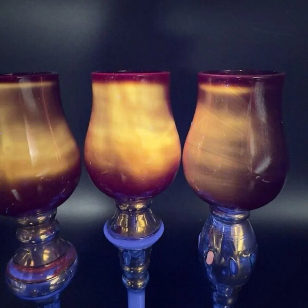Bombay Company Romanov Ruby Gold Long Stem Cordial Glasses Cadmium UV Glow Set 3